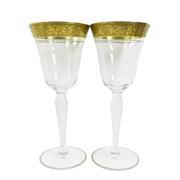 Vintage TWO (2) Tiffin? Minton? Gold Encrusted Band Clear Smooth 6.75" Glasses - Picture 2 of 15